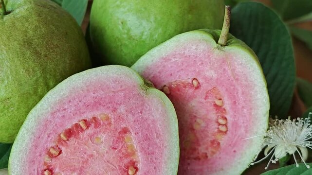 Pink guava fruit and leaves
