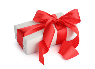 Gift box with red bow isolated on white