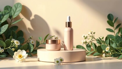 Two cosmetic products on a round beige pedestal, surrounded by green leaves and white flowers. Cosmetics advertising mockup