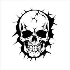 Fototapeta premium Illustration of a skull in the wall. Skeleton breaking through wall. Human skull through the hole. Halloween decor.