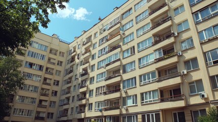 Fototapeta premium Low-angle view of a large apartment building on a sunny day.