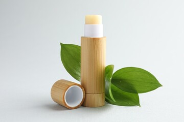 Lip balm and leaves on white background, closeup