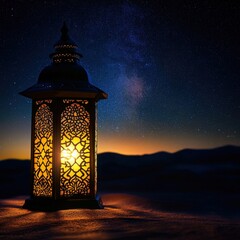 Ornate Lantern Glowing Under Starlit Night Sky and Distant Mountains
