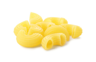 Pile of raw horns pasta isolated on white