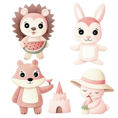 Fototapeta premium tropical summer animal clipart concept Cute cartoon animals in pastel colors enjoying summer activities on a playful background.