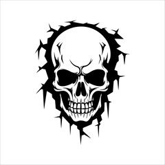 Fototapeta premium Illustration of a skull in the wall. Skeleton breaking through wall. Human skull through the hole. Halloween decor.