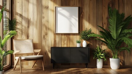 Elegant 3D wooden wall with a centered white frame, subtly tilted left. Warm light brown tones evoke classic charm, creating an inviting focal point