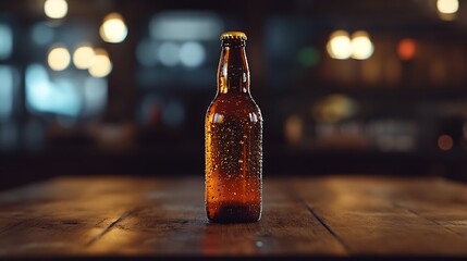 Chilled Brown Bottle with Condensation Standing on Wooden Tabletop at Night
