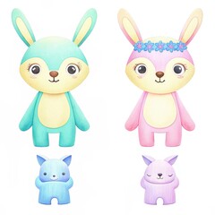 tropical summer animal clipart concept Cute pastel cartoon animals, including bunnies and a bear, with friendly expressions.