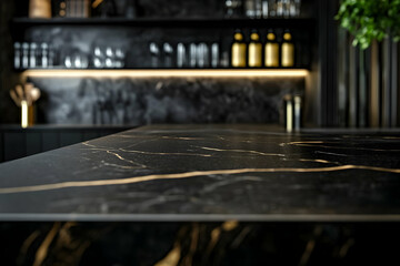Realistic Image - Black Marble Countertop, Kitchen Interior, Gold Accents