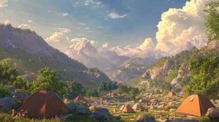 Majestic mountain valley campsite at sunrise.