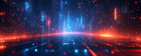 Digital Cityscape Red & Blue Data Flow