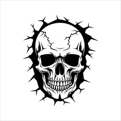 Illustration of a skull in the wall. Skeleton breaking through wall. Human skull through the hole. Halloween decor.