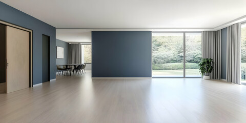 Fototapeta premium Illustration - Modern Empty Living Room Interior Design, Wood Floor, Blue Wall, Patio View