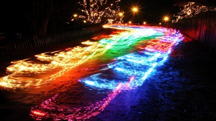 Fototapeta premium Colorful light trails on snowy path at night.