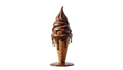 Coklat Italian ice cream in a bouble cone. the ice cream drips down the cone, creation on white background. complex lighting, dynamic play of shadows, hyper-realistic cinematic texture
