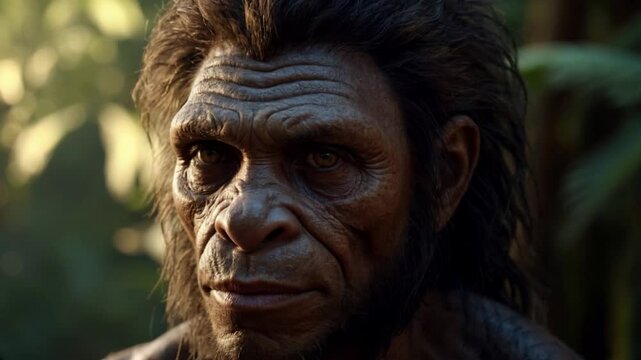 hyper realistic recreation of a Homo erectus in the Jungle