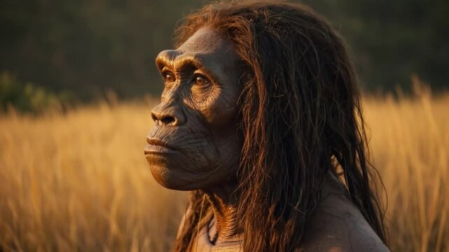 Hyper realistic recreation of a Homo habilis Woman in the Savannah