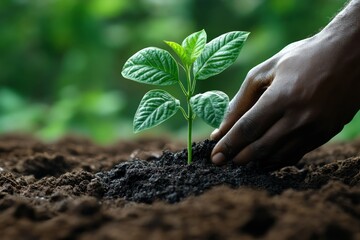 Hand planting sapling, rich soil, lush background, environmental conservation