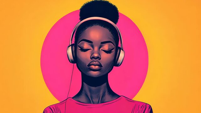 Creative Afrofuturist Illustration of Woman with Headphones in Vibrant Colors Showcasing Style, Innovation, and Cultural Heritage with a Futuristic Female Portrait Art Against Colorful Backdrop