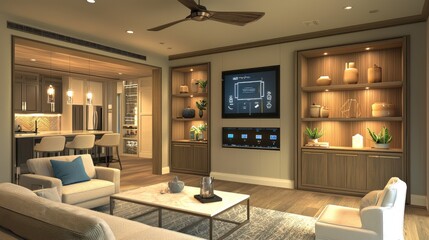 Modern living room with smart home system, built-in shelving, and kitchen view.