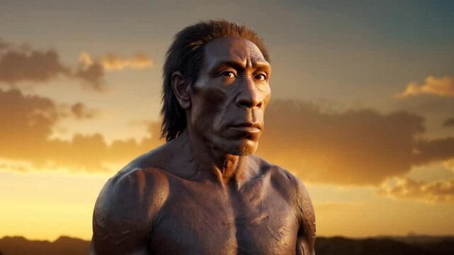 hyper realistic recreation of a Homo erectus man at Sunset