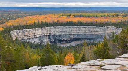 Autumn cliffside panorama, forest valley view, fall foliage, travel postcard