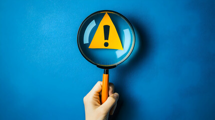 Magnifying Glass Focused on Yellow Warning Symbol with Exclamation Point Against Blue Background Conveying Caution and Attention to Detail