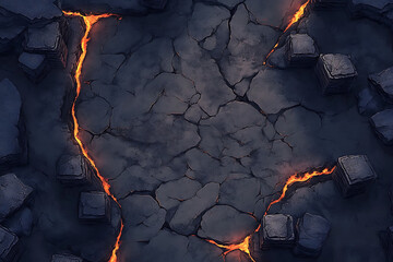 Isometric Battle Map With Orange Lava Flowing Through Cracked Stone Terrain and 3D Pixelated Rock Structures