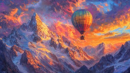 Colorful hot air balloon soaring over majestic snow-capped mountains at sunset.