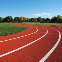 Red Running Track with Green Grass and Blue Sky