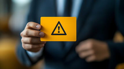 Business Professional Holding Warning Notice in Yellow with Caution Symbol in Corporate Meeting Environment