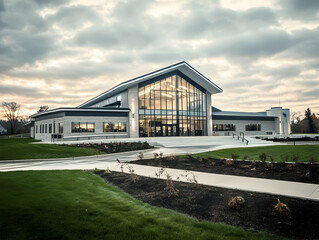 Fototapeta premium Photo Modern Architecture Building, Glass Facade, Cloudy Sunset