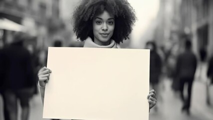 African American woman holding blank sign on city street. Protest, social movement, or advertisement mockup. Black History Month, MLK Day campaign