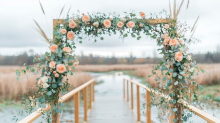 Fototapeta premium Romantic Peach Rose Wedding Archway Rustic Wooden Bridge Outdoor Ceremony