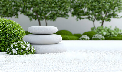 Tranquil Zen Garden with Smooth Stones and Lush Greenery