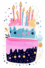 A vibrant and playful illustration of a birthday cake with colorful candles, abstract decorations, and festive splashes of gold. The bright greeting card isolated on white background
