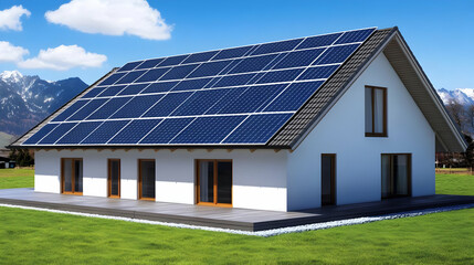 3D Illustration Modern House Solar Panels Roof Green Grass Mountains Sky Clouds