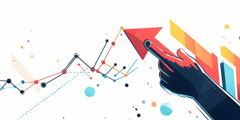 Hand Pointing at a Rising Data Trend on a Colorful Statistical Graph Representing Business Growth and Financial Analysis in a Digital Environment