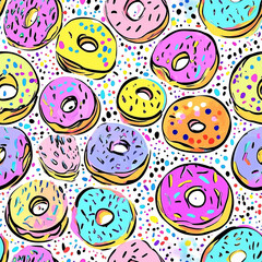 Vector seamless pattern with colorful donuts with white background. Bright background for print on a fabric, wrapping, wallpapper