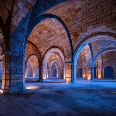 Fototapeta premium Majestic Stone Archways in an Ancient Vaulted Room with Dim Lighting and Mysterious Atmosphere
