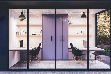 Illustration - Modern Office Interior Design with Desk, Chairs, and Cabinets