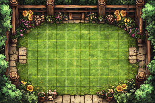 Overhead View of a Battle Map Garden Scene with Green Gridded Lawn and Floral Border