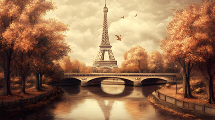 Obraz premium Illustration of Autumn in Paris Tower, Bridge, River, and Trees