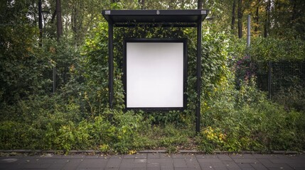Blank Billboard Mockup at Bus Stop  Lush Greenery  Urban Oasis  Advertising Space