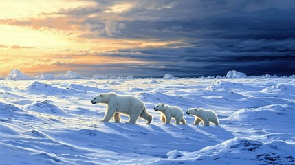 Naklejka premium Polar bear family walking on snowy arctic landscape at sunset. (1)