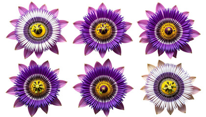 Closeup view of stunning vibrant purple and white passiflora png