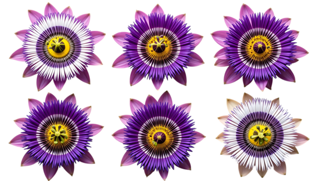 Closeup view of stunning vibrant purple and white passiflora png