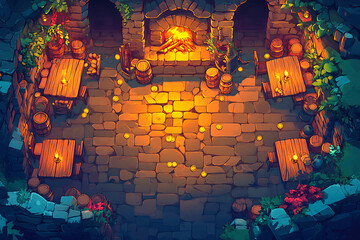 Isometric Battle Map Game Scene With Stone Brick Floor Fireplace and Candlelit Interior