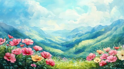 Environment World Earth Day Vibrant flowers in a serene mountain valley.